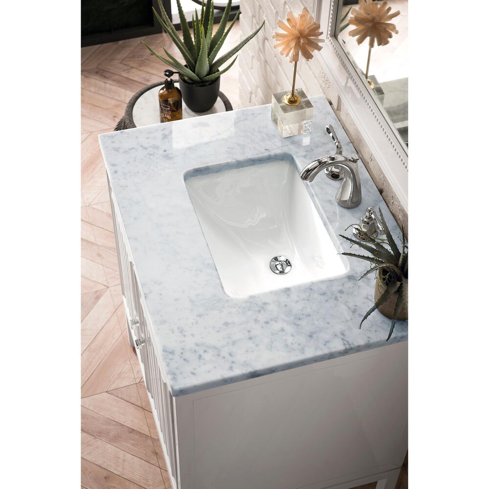 James Martin Vanities Athens 30&quot; Single Bathroom Vanity in Glossy White with 3 cm Carrara White Marble Top and Rectangular Sink, , large