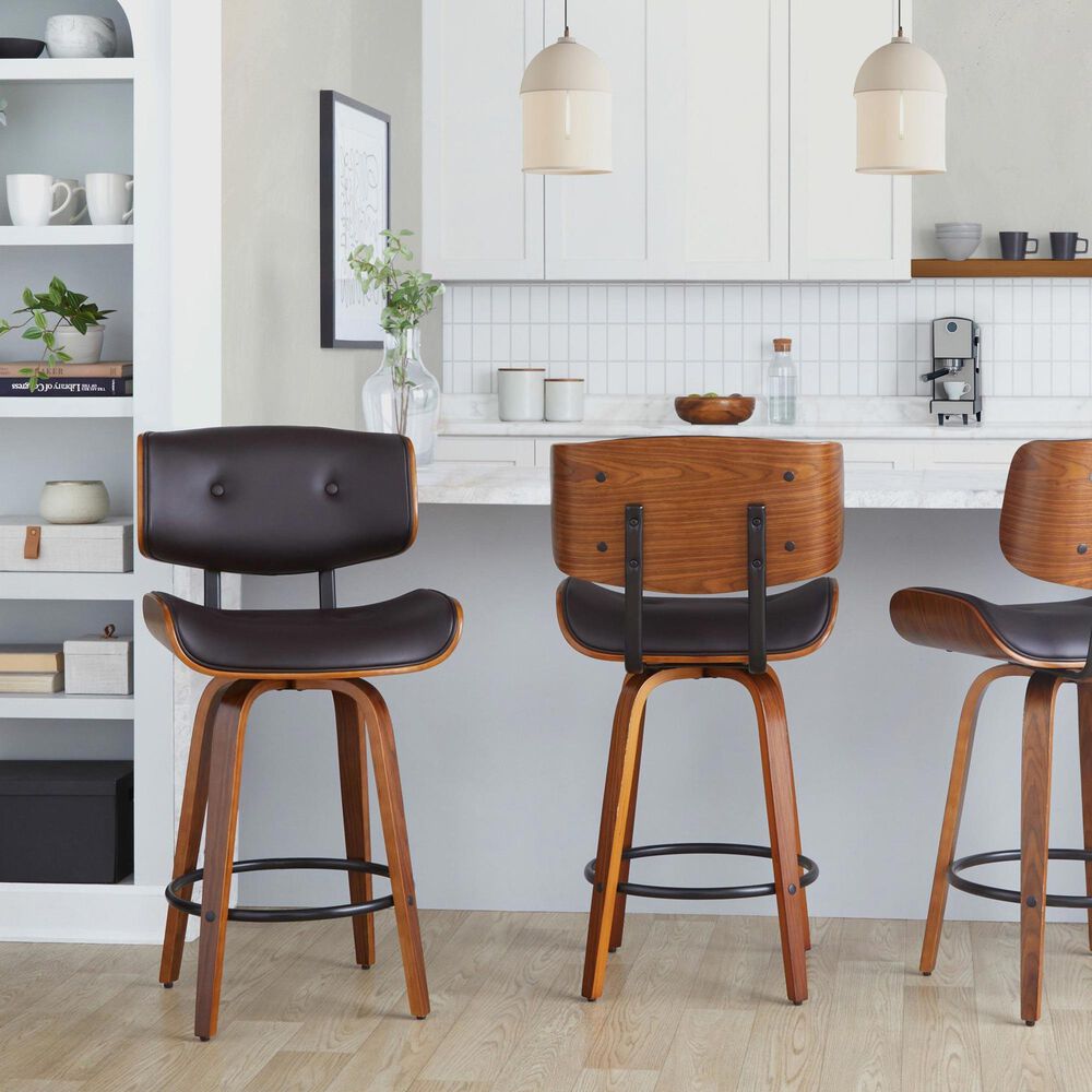 LumiSource Lombardi 26" Swivel Counter Stool with Espresso Faux Leather Upholstery in Walnut and Black (Set of 2), , large