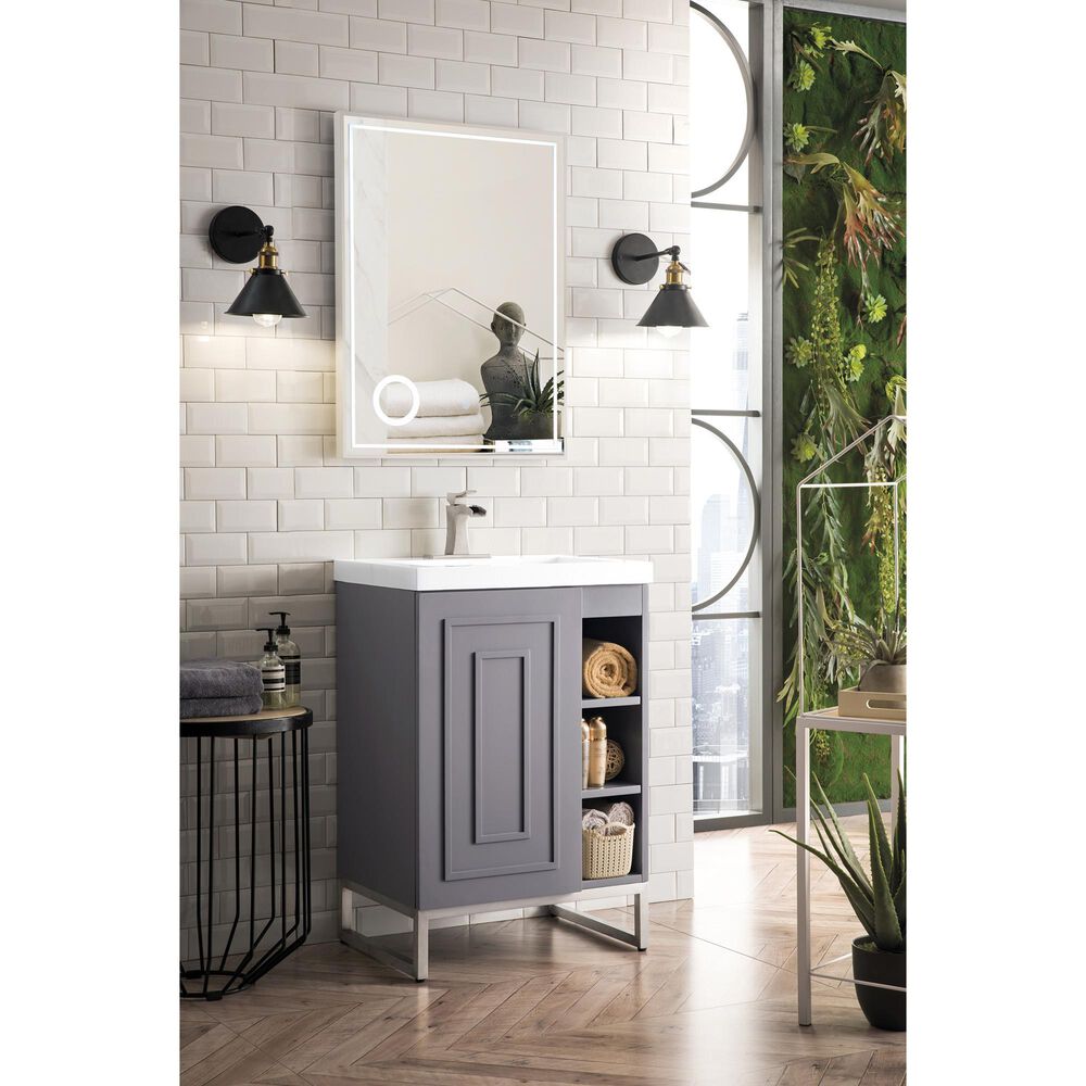 James Martin Vanities Alicante 24&quot; Single Bathroom Vanity in Grey Smoke and Brushed Nickel with 5 cm White Glossy Resin Top and Rectangular Sink, , large