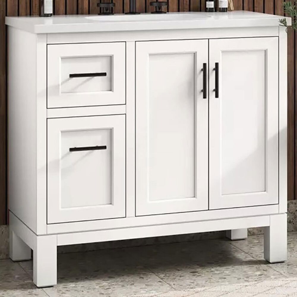 Kohler Quo 36&quot; Single Bathroom Vanity in White with 3 cm Pure White Quartz Top and Oval Sink, , large