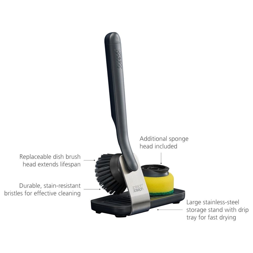 Joseph Joseph SinkTech Washing Up Brush and Sponge Set with Steel Stand in Grey, , large