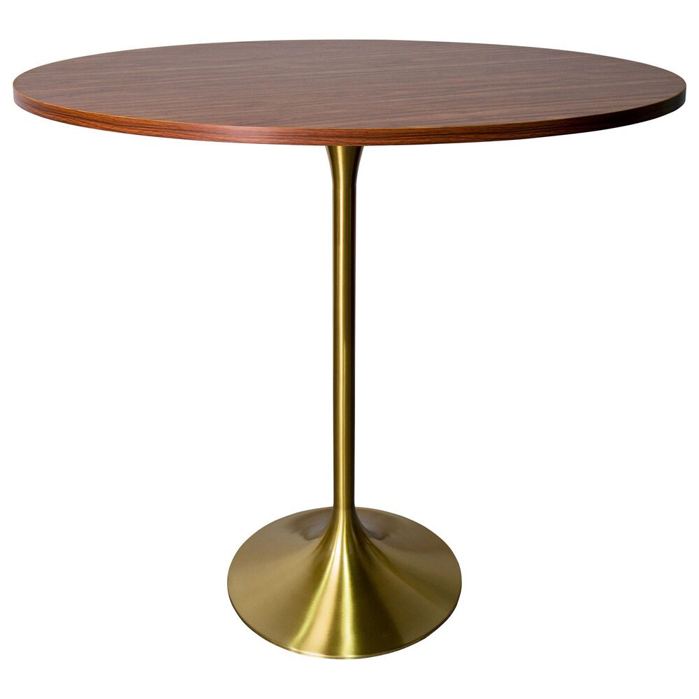 Leisuremod LeisureMod Verve Collection Modern Bar Height Table Brushed Gold Base with 48 Round Cognac Brown MDF Top, , large