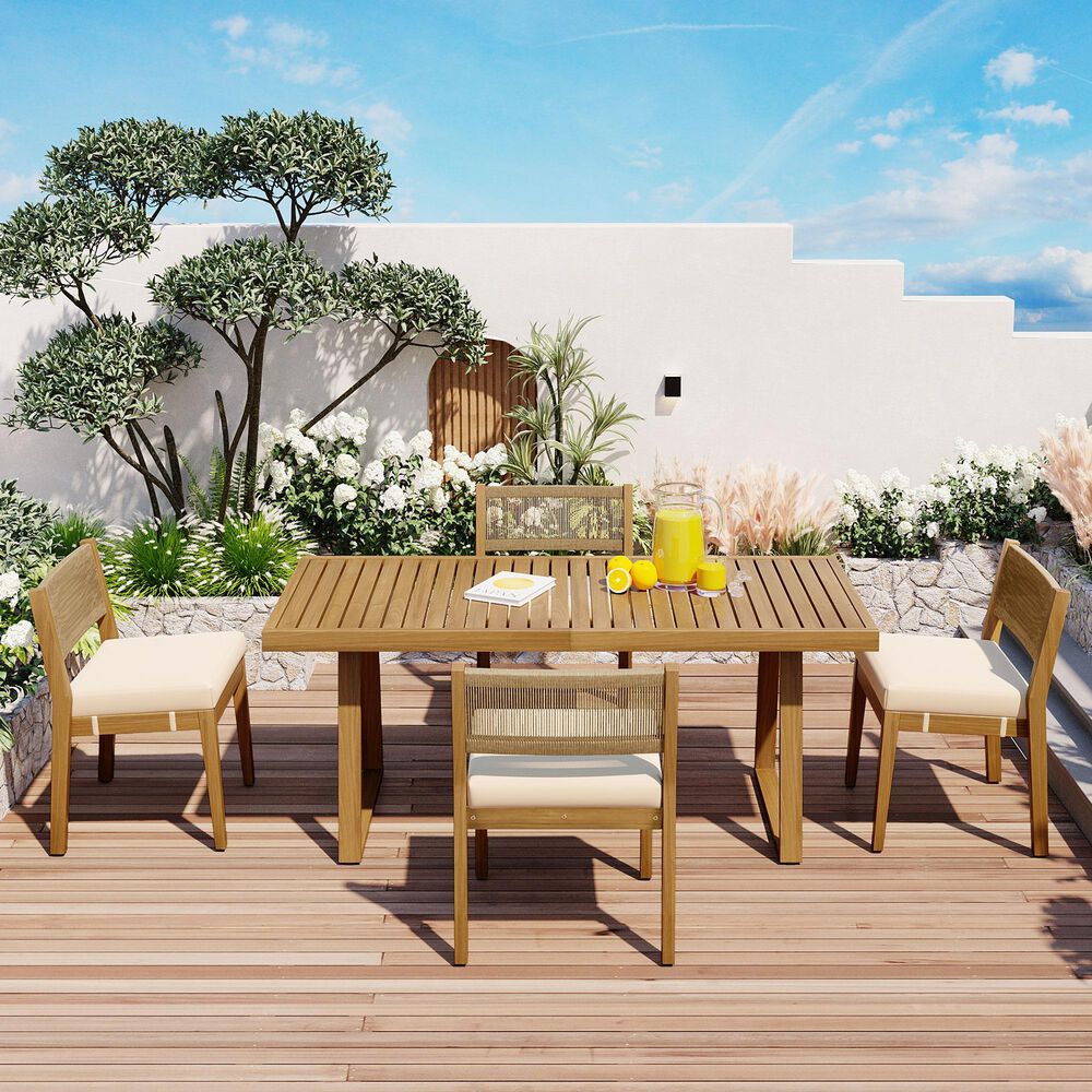 Hearth and Haven 5-Piece Outdoor Wooden Dining Set with U-Leg Table and Cushioned Chairs in Beige, , large