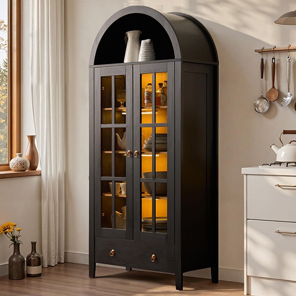 HOMLUX Arched Storage Cabinet with LED Induction Lights in Black, , large