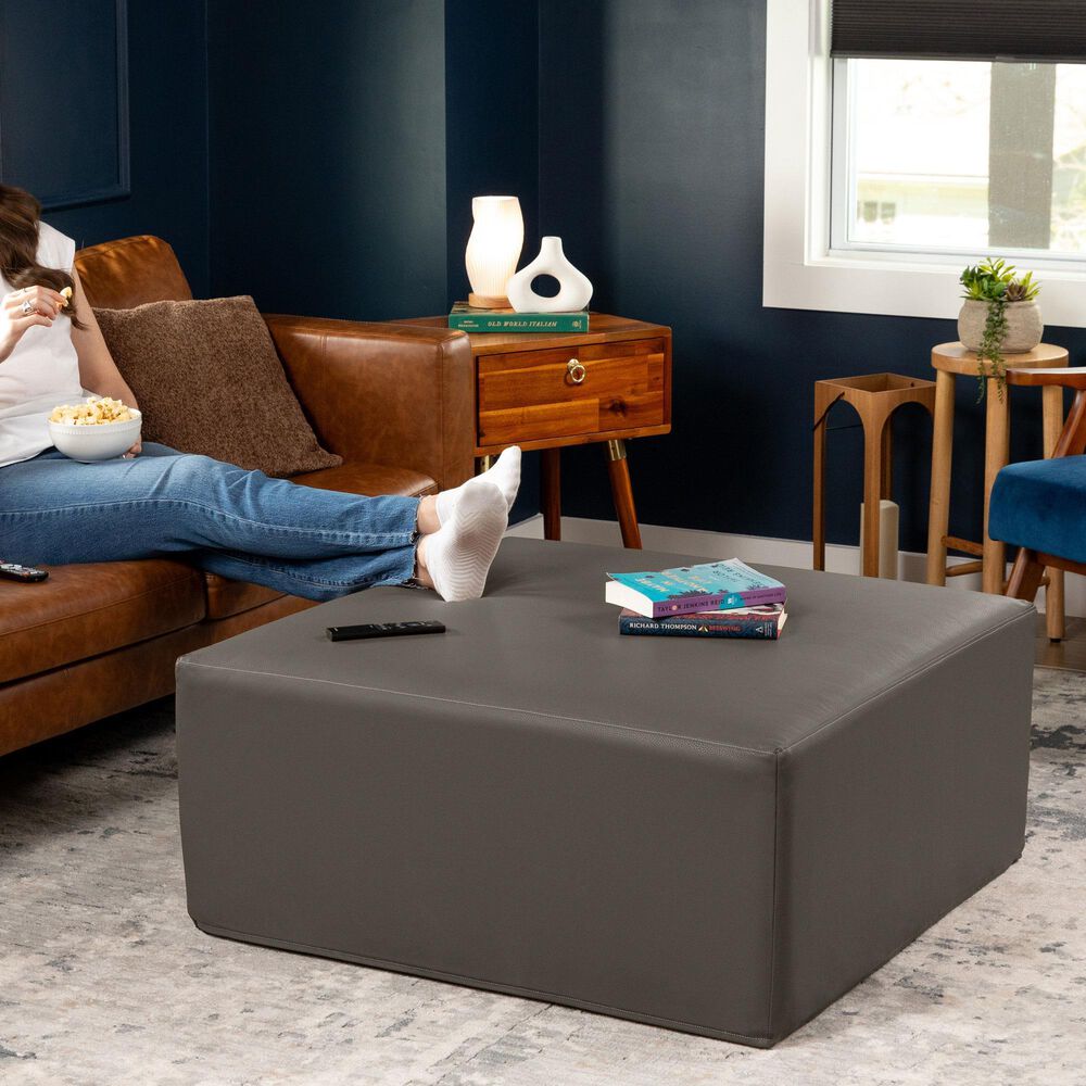 Jaxx Fairlie Faux Leather Ottoman in Gunmetal, , large