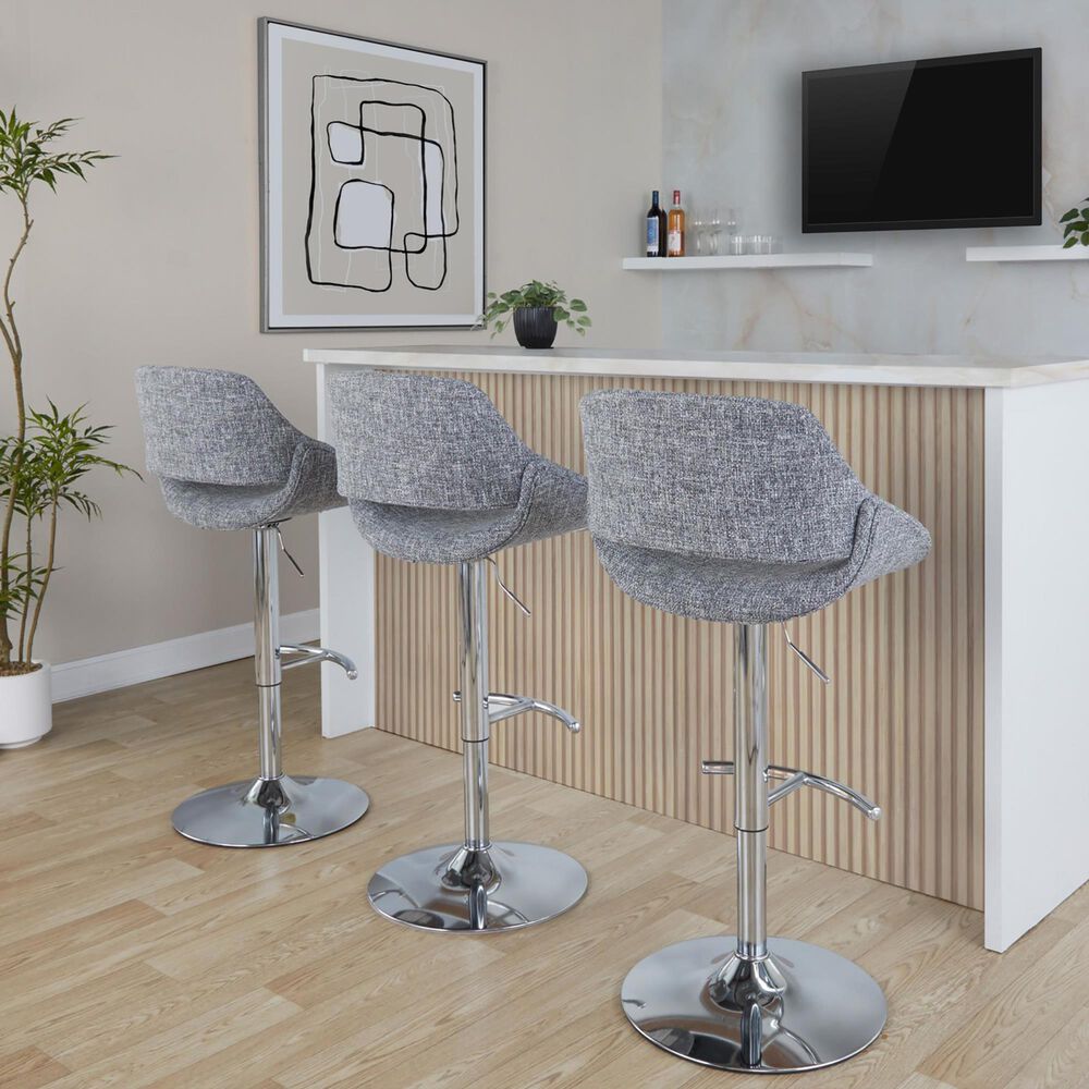 LumiSource Fabrico Swivel Adjustable Bar Stool with Grey Noise Fabric Upholstery and Rounded T Footrest in Chrome (Set of 2), , large