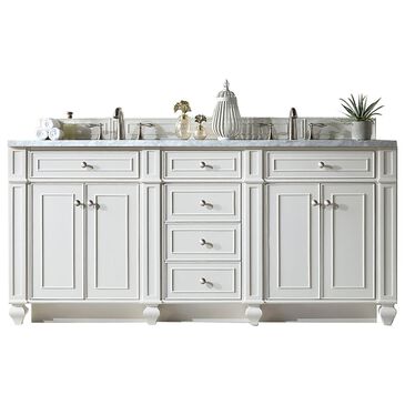 James Martin Bristol 72" Double Bathroom Vanity in Bright White with 3 cm Carrara White Marble Top and Rectangular Sinks, , large