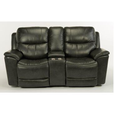 Flexsteel Cade Leather Power Reclining Loveseat with Console and Power Headrest in Raven , , large