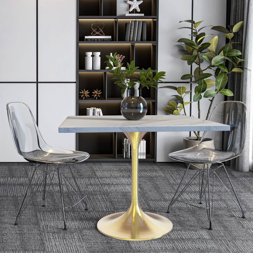 Leisuremod LeisureMod Verve Collection 36 Square Dining Table, Brushed Gold Base with Laminated White Marbleized Top, , large
