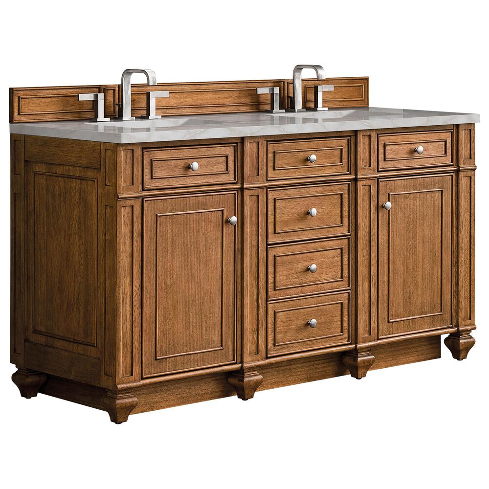 James Martin Vanities Bristol 60" Double Bathroom Vanity in Saddle Brown with 3 cm Eternal Jasmine Pearl Silestone Top, Rectangular Sinks and FreePower Wireless Charger, , large