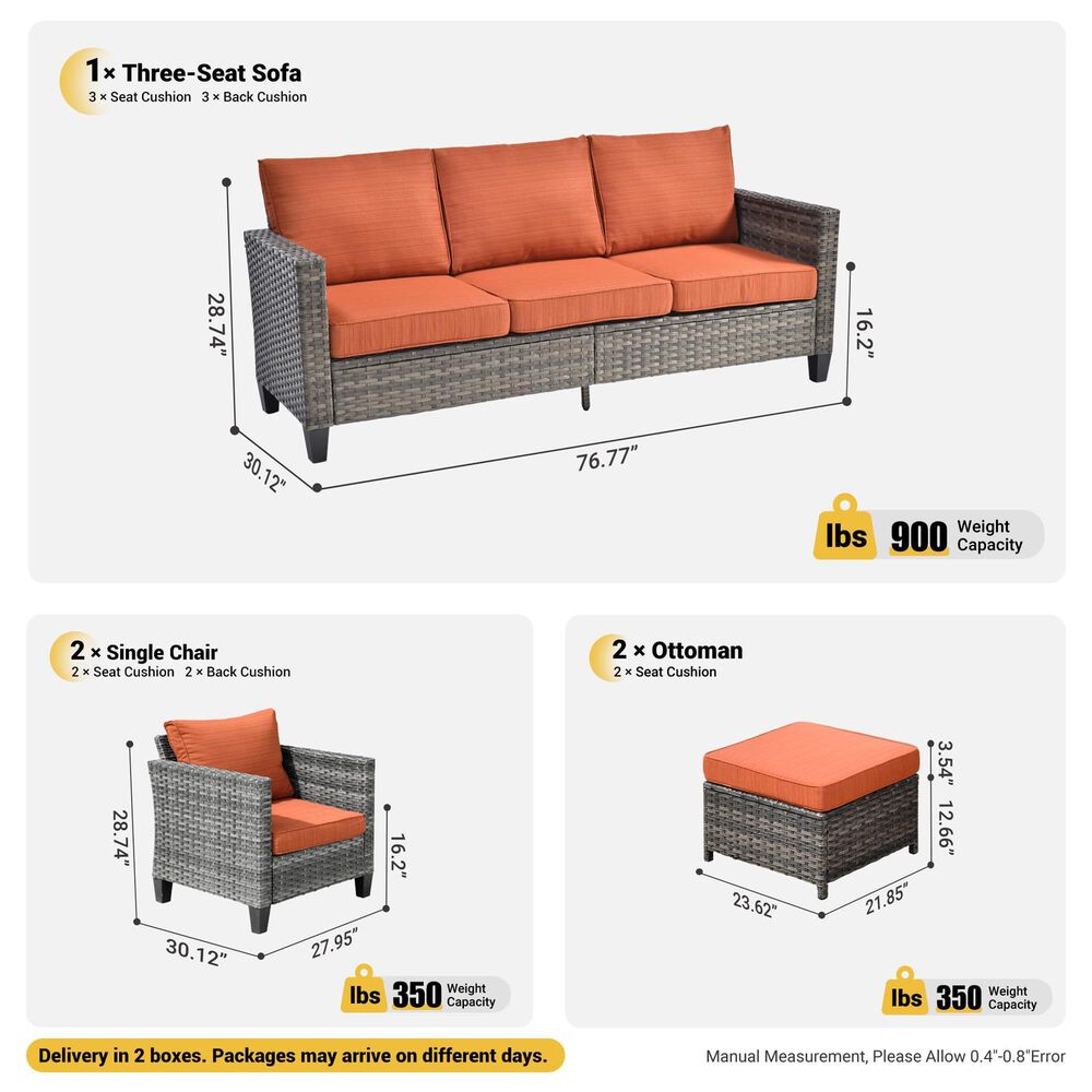 HOMLUX HOMLUX 5-Piece Outdoor Wicker Patio Furniture Set, High Back Rattan Sofa with Chairs, Ottomans &amp; Cushions in Orange Red, , large