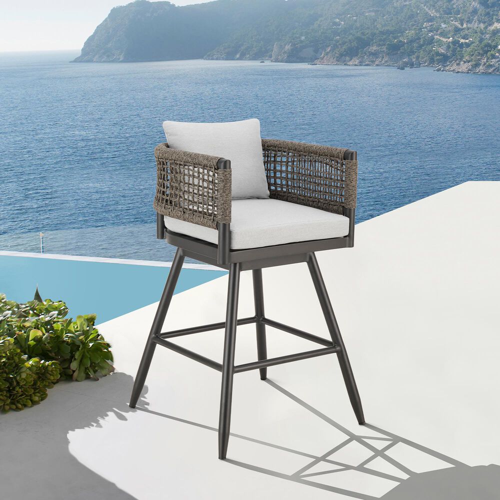 Blue River Alegria Patio Swivel Counter Height Bar Stool with Light Gray Cushion in Black, , large