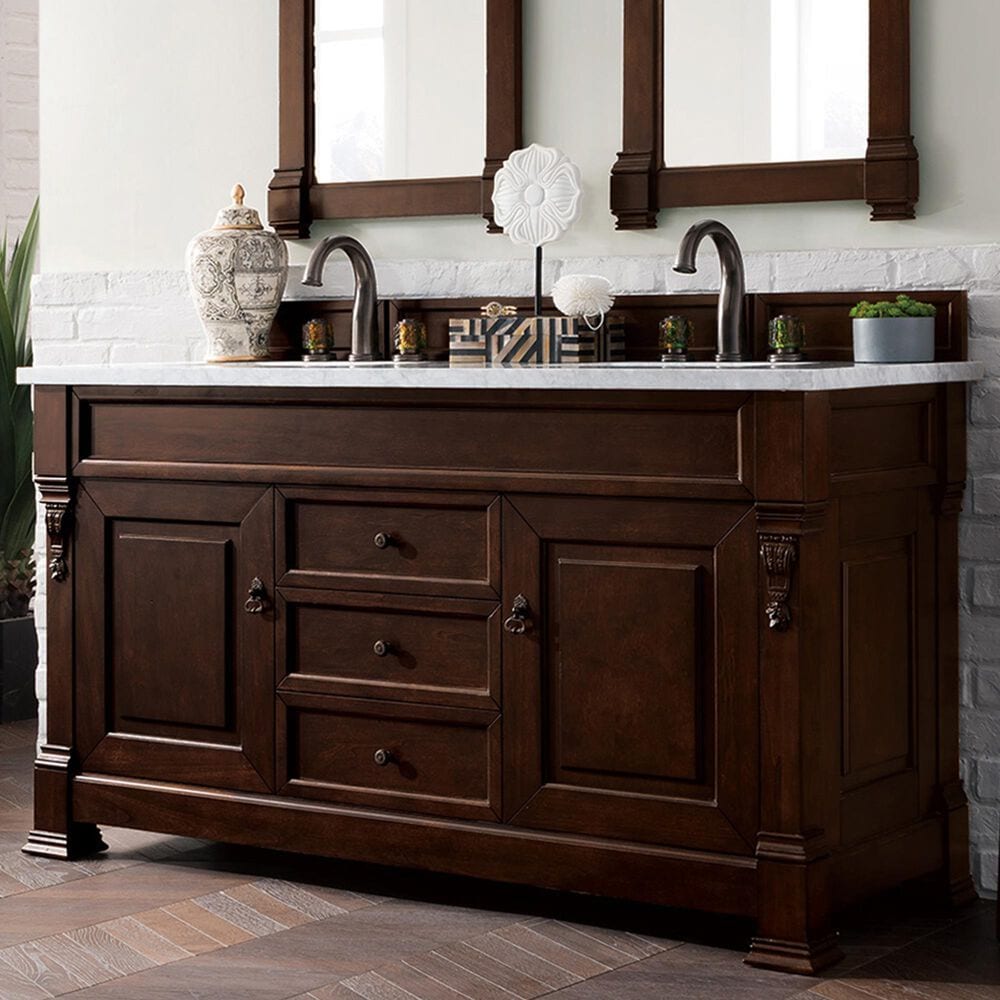 James Martin Vanities Brookfield 60&quot; Double Bathroom Vanity in Burnished Mahogany with 3 cm Carrara White Marble Top and Rectangle Sinks, , large