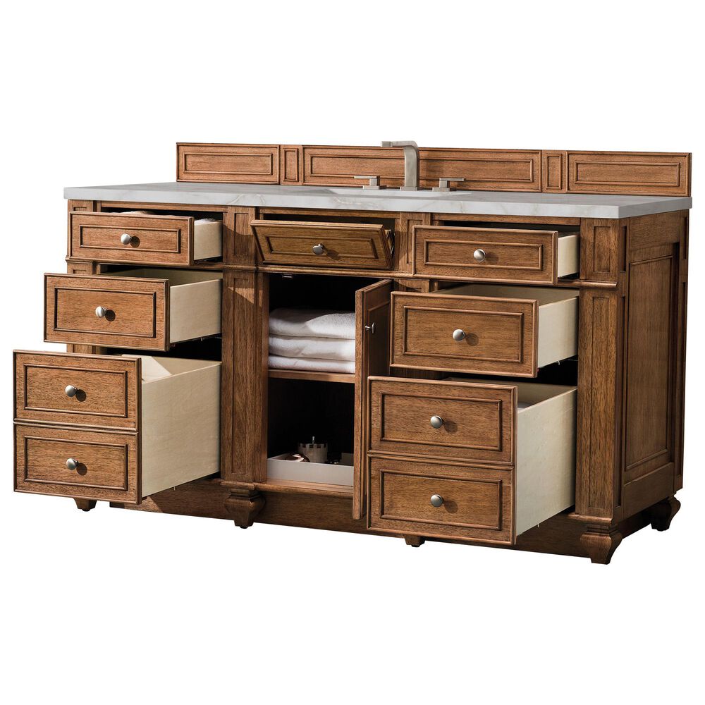 James Martin Vanities Bristol 60" Single Bathroom Vanity in Saddle Brown with 3 cm Eternal Jasmine Pearl Silestone Top, Rectangular Sink and FreePower Wireless Charger, , large