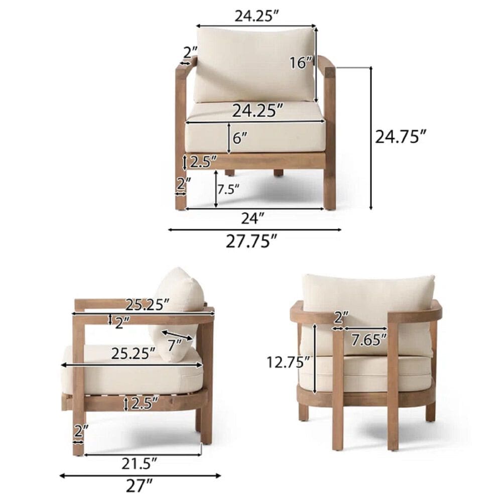 Hearth and Haven Outdoor Acacia Wood Club Chair with Open Back and Beige Cushions in Brown, , large