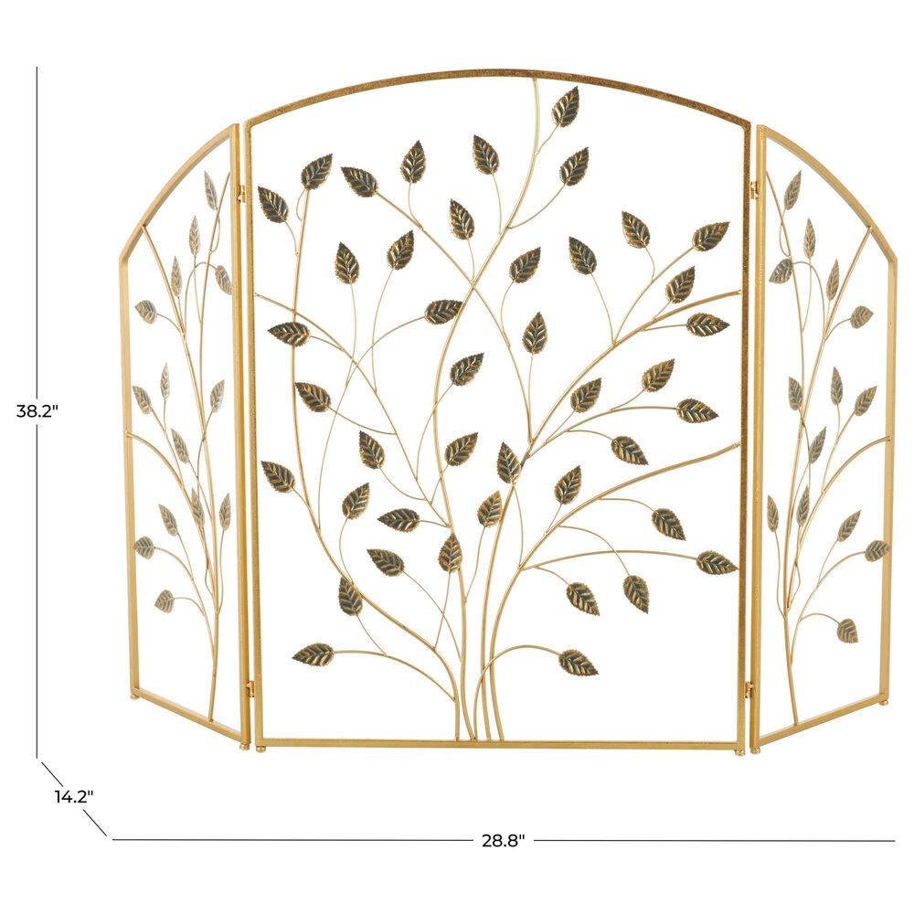 Maple and Jade Leaf Foldable Three Panel Fireplace Screen in Satin Gold, , large