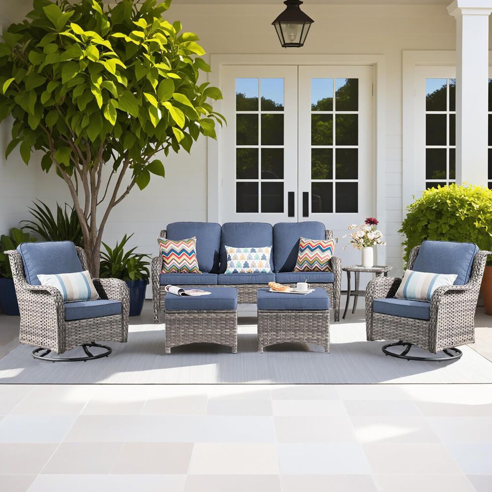 HOMLUX 6-Piece Patio Furniture Set with Swivel Rocking Chairs, High Back Outdoor Wicker Sofa, Grey Rattan in Denim Blue, , large