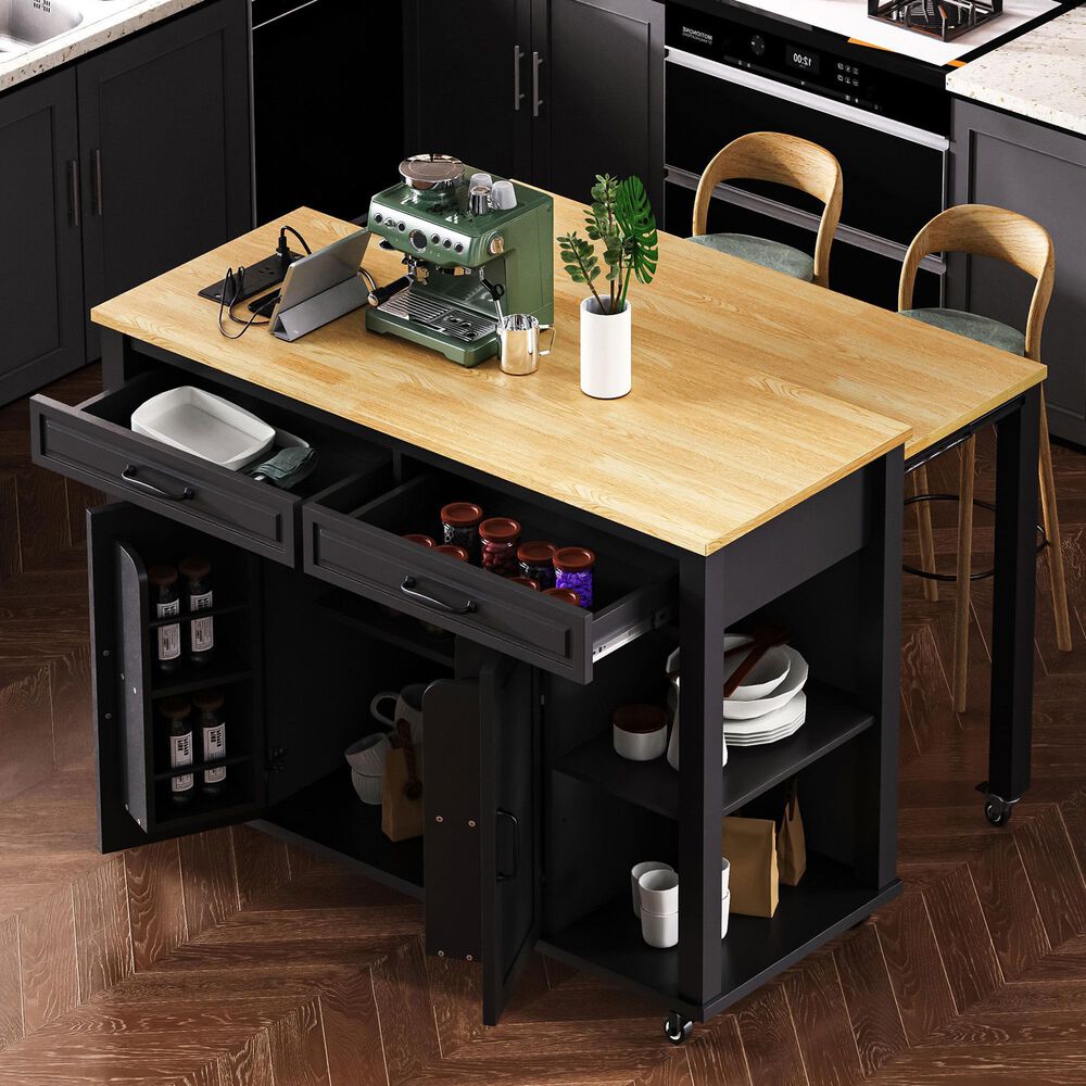 HOMLUX 47" Kitchen Island with Extendable Dining Table in Black, , large