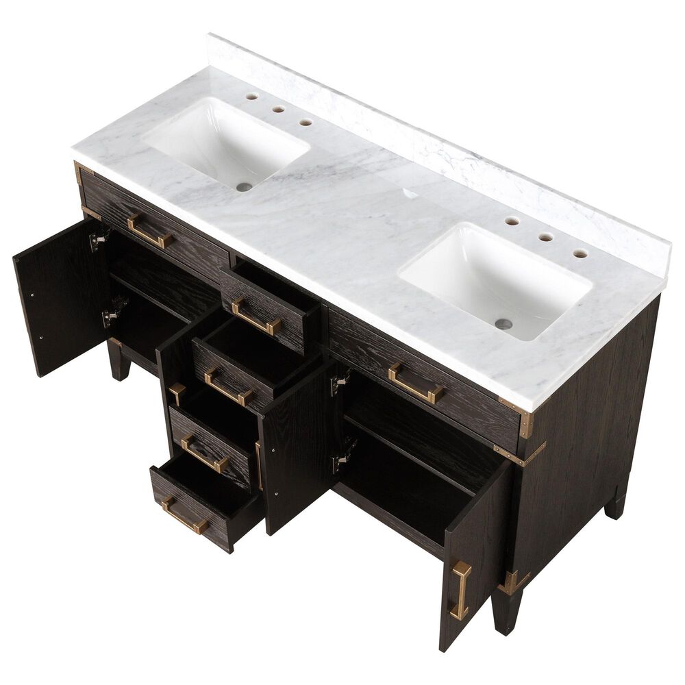 Lexora Home Laurel 60&quot; Double Bathroom Vanity in Brown Oak with White Carrara Marble Top and Rectangular Sinks, , large
