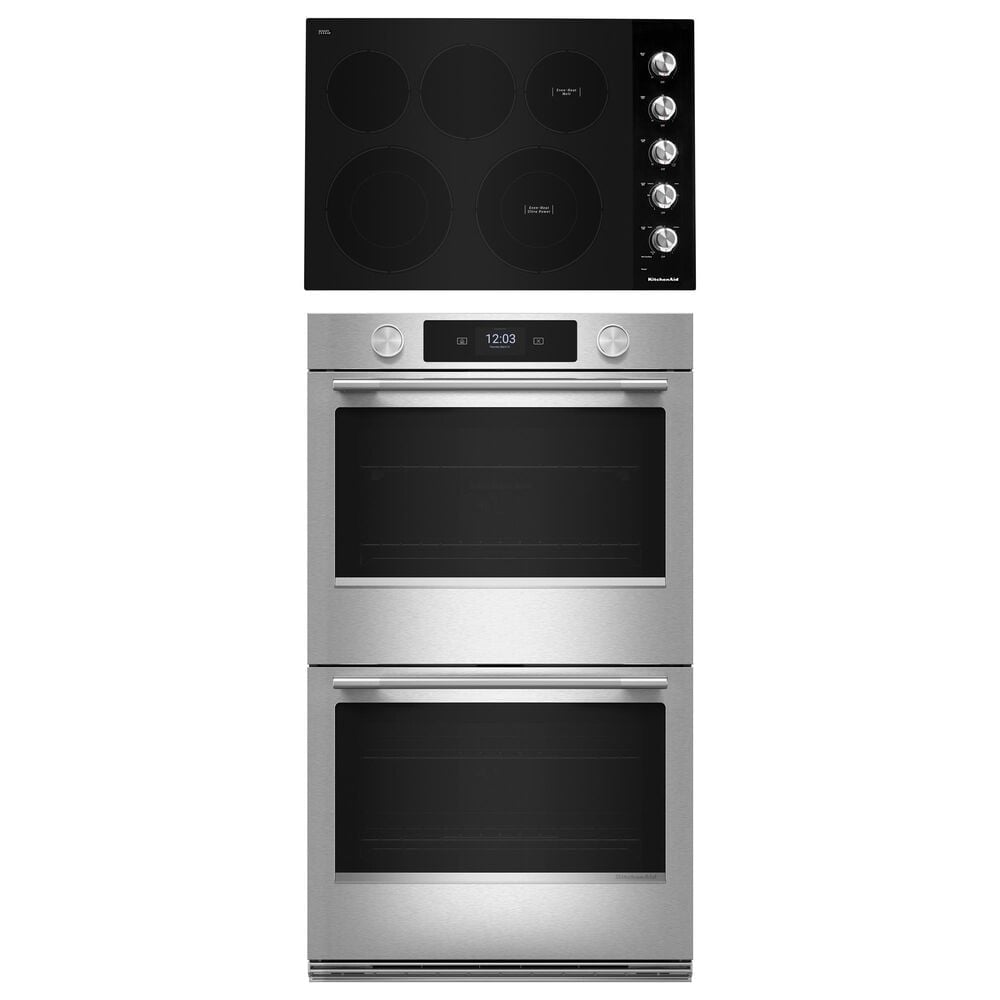 KitchenAid 2-Piece Kitchen Package with PrintShield Stainless Steel 30" Smart Double Wall Oven and Black 30" Electric Cooktop, , large