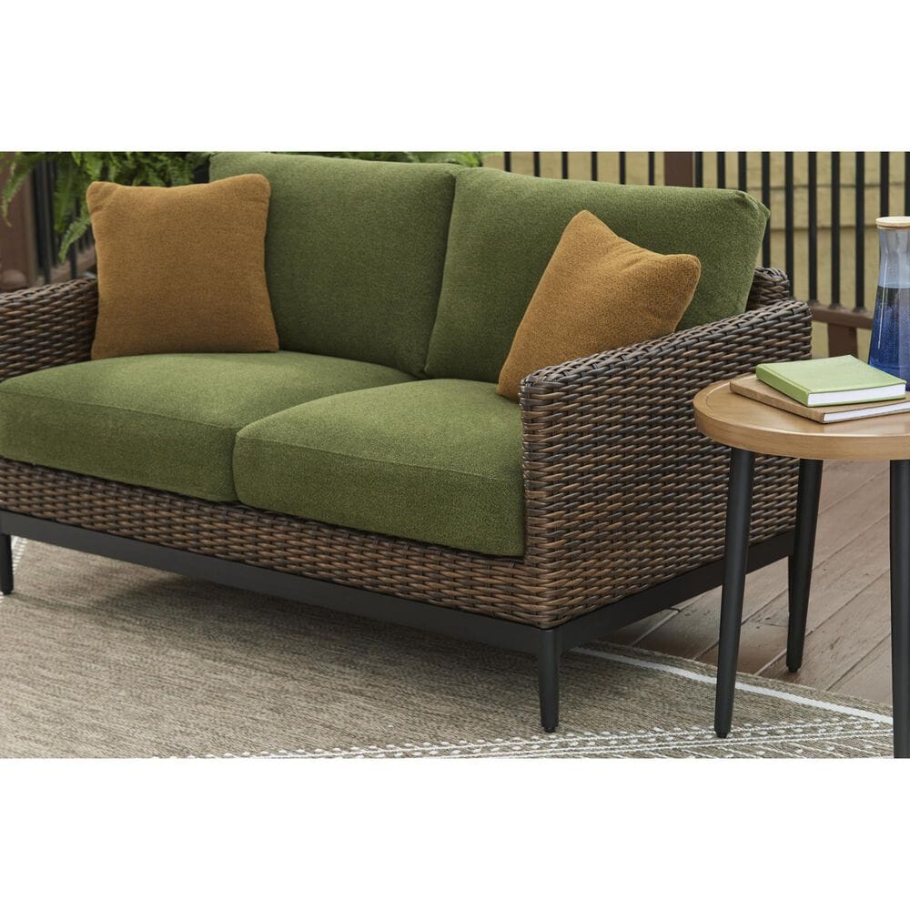 Ashley Horizon Hall Outdoor Loveseat with Green Cushion in Brown, , large