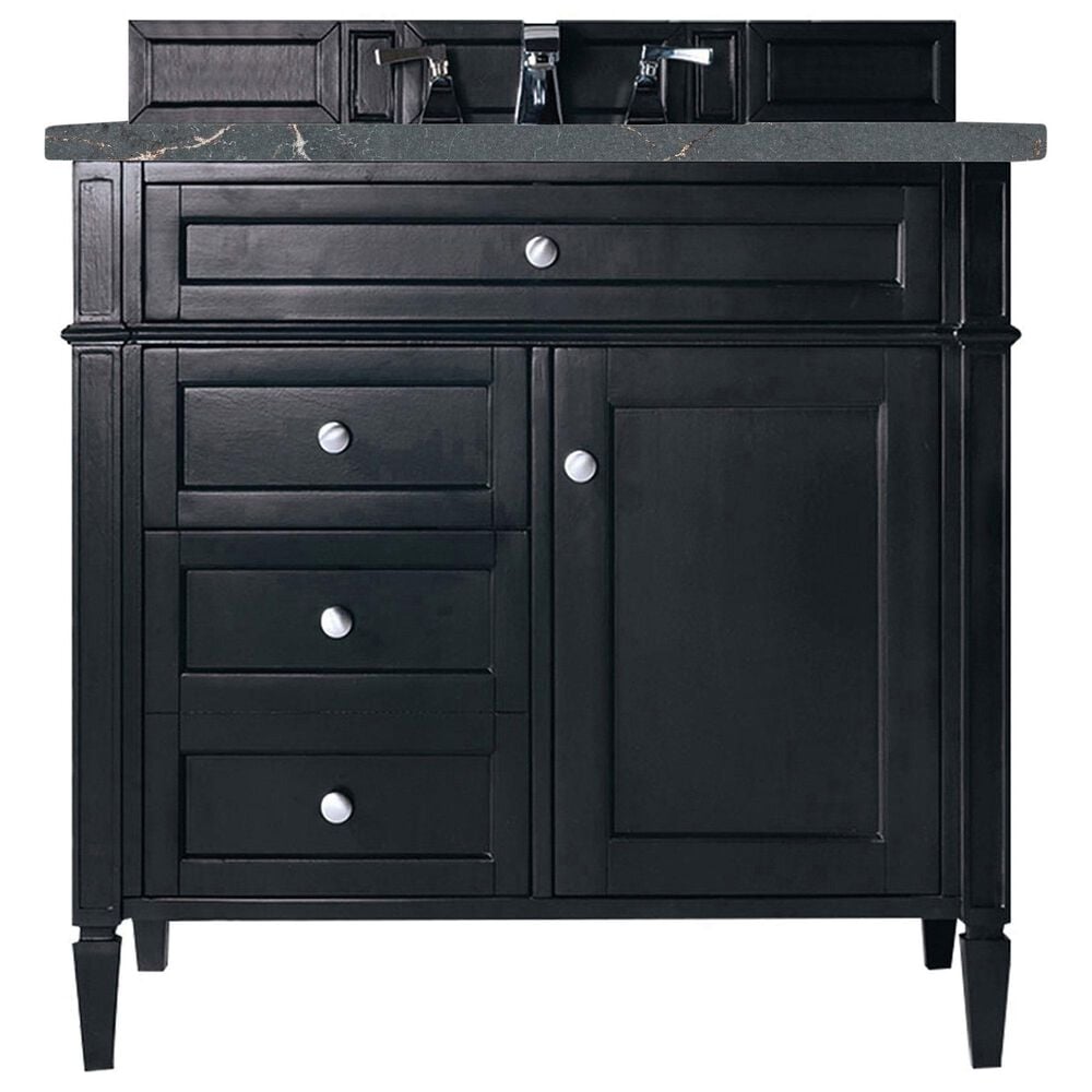 James Martin Vanities Brittany 36" Single Bathroom Vanity in Black Onyx with 3 cm Parisien Bleu Quartz Top and Rectangular Sink, , large
