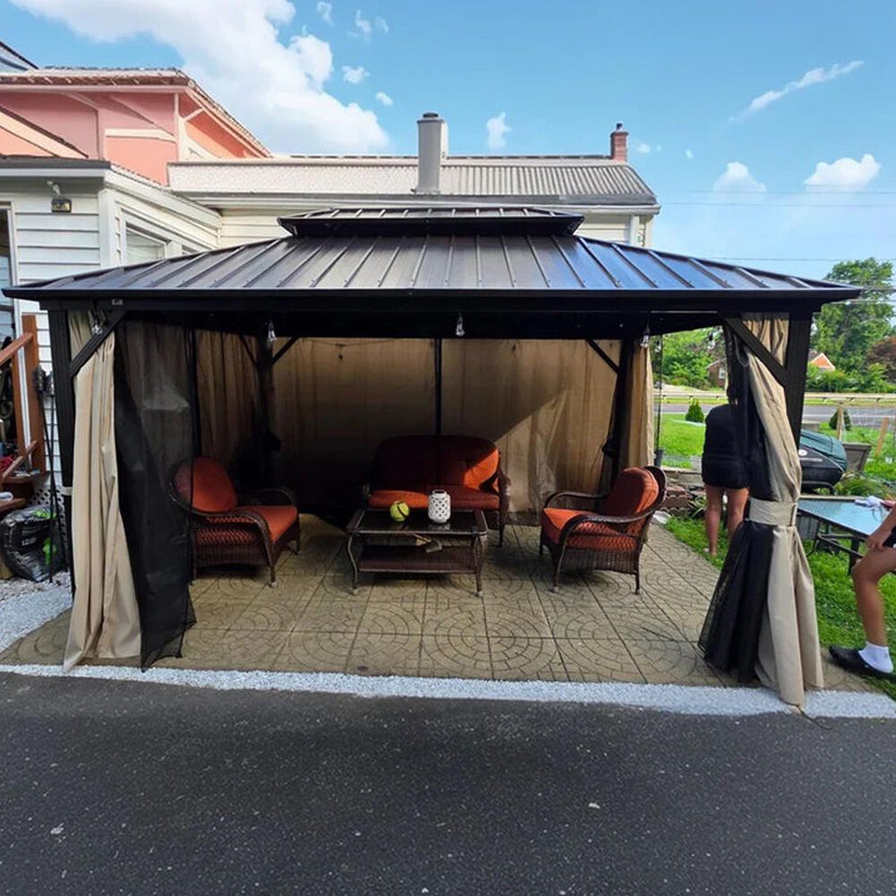 HOMLUX 10' x 14' Outdoor Hardtop Gazebo with Galvanized Steel Double Roof in Brown, , large