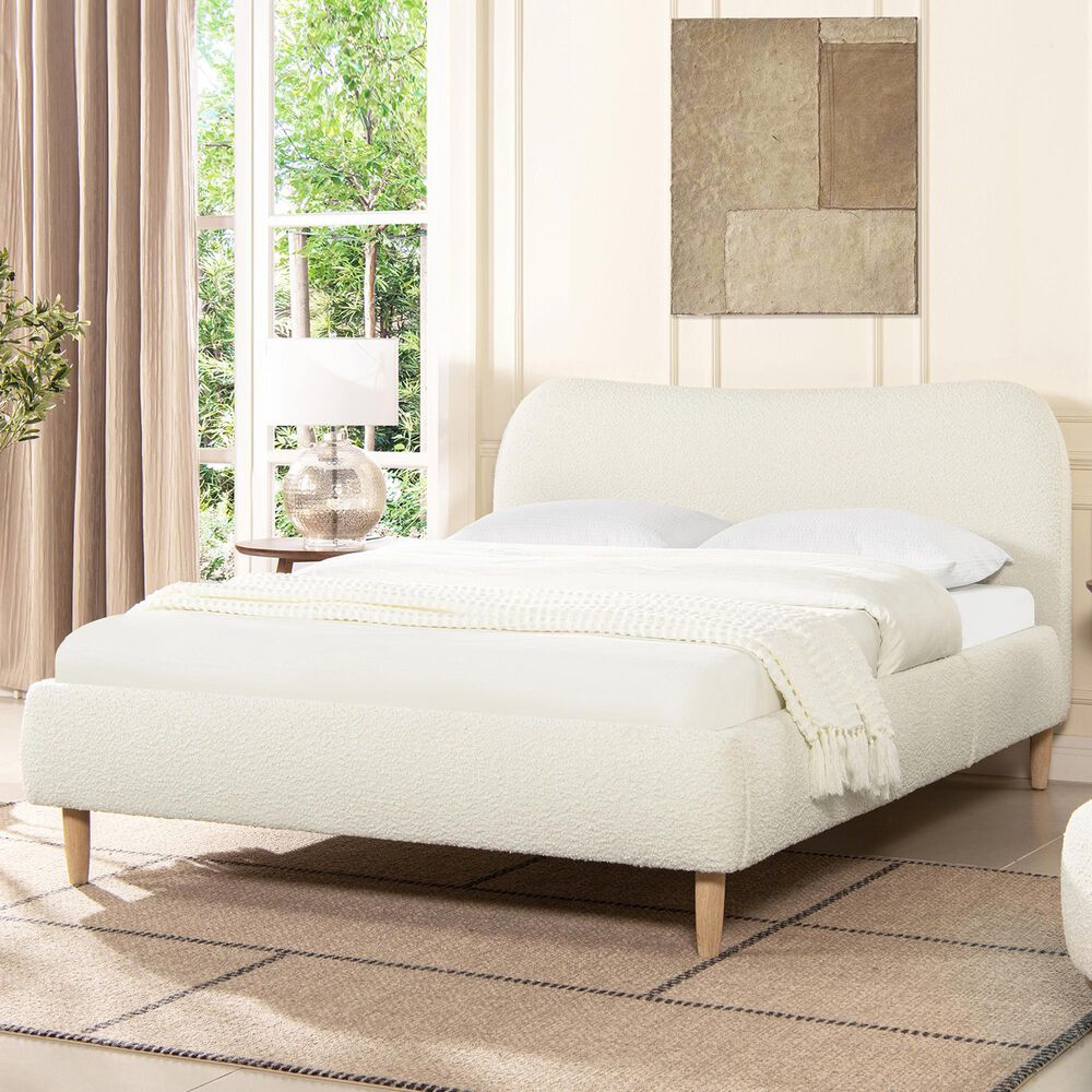 Jennifer Taylor Home Roman Queen Platform Bed with Ivory White Upholstered in Natural Whitewashed, , large
