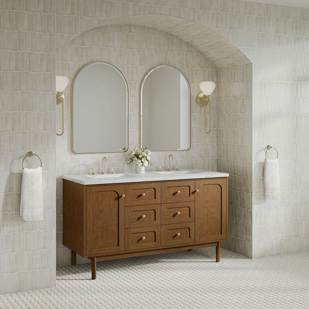 James Martin Laurent 60" Double Bathroom Vanity in Honey Oak with 3 cm Ethereal Noctis Silestone Top and Rectangular Sinks, , large
