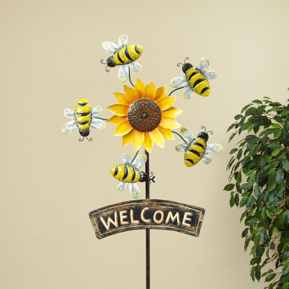 The Gerson Company 63&quot; Sunflower Yard Stake with Wind Spinner Bees in Yellow, , large