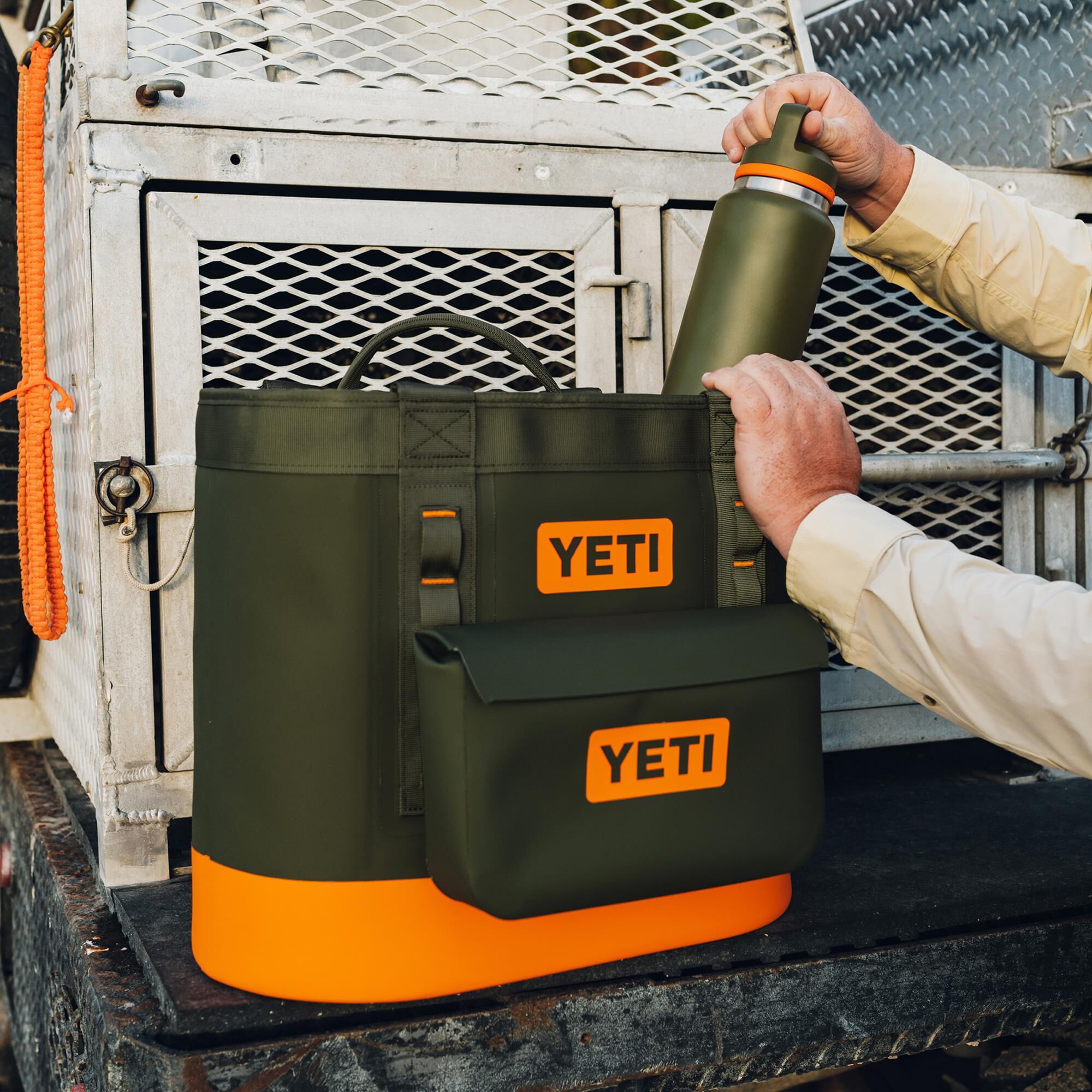 YETI Camino 35 Carryall Tote Bag in Olive and King Crab Orange