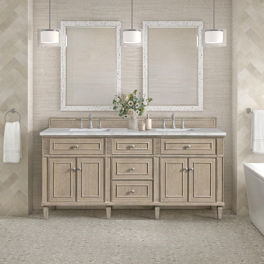 James Martin Vanities Lorelai 72" Double Bathroom Vanity in Whitewashed Oak with 3 cm Eternal Jasmine Pearl Silestone Top, Rectangular Sinks and FreePower Wireless Charger, , large