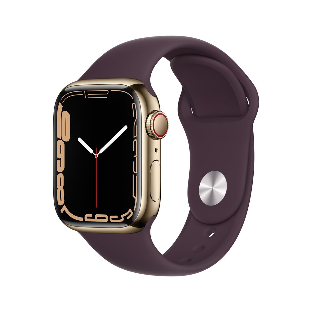 Apple Watch Series 7 (GPS + Cellular) 41mm Gold Stainless Steel Case with Dark Cherry Sport Band, , large