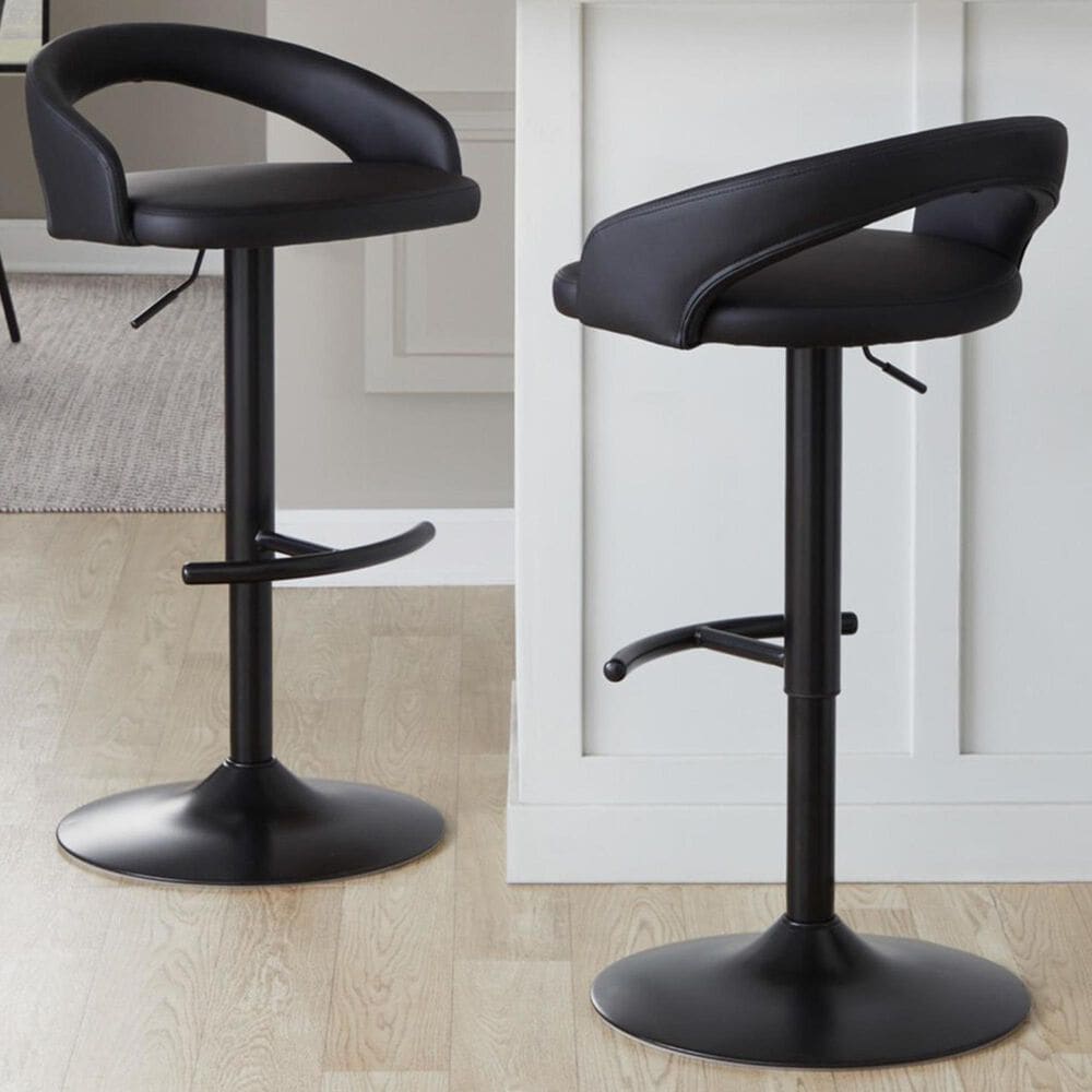 LumiSource Grotto Adjustable Bar Stool with Black Faux Leather Upholstery in Black (Set of 2), , large