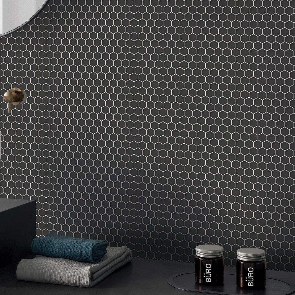 Emser Savvy Pewter 2" Hexagon on 11" x 12" Glazed Porcelain Mosaic Sheet, , large
