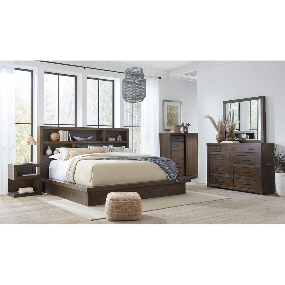 Riva Ridge Modern Loft King Bookcase Platform Bed in Brownstone with USB Ports, , large