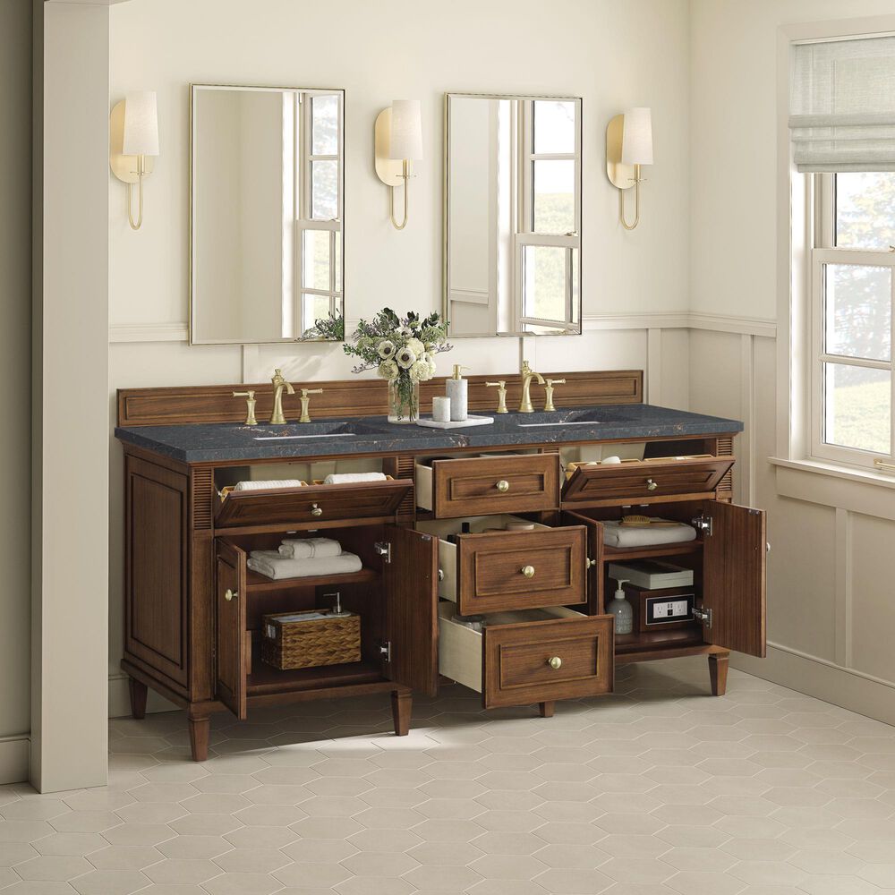 James Martin Vanities Lorelai 72"Double Vanity in Mid-Century Walnut with 3 cm Parisien Bleu Quartz Top, , large