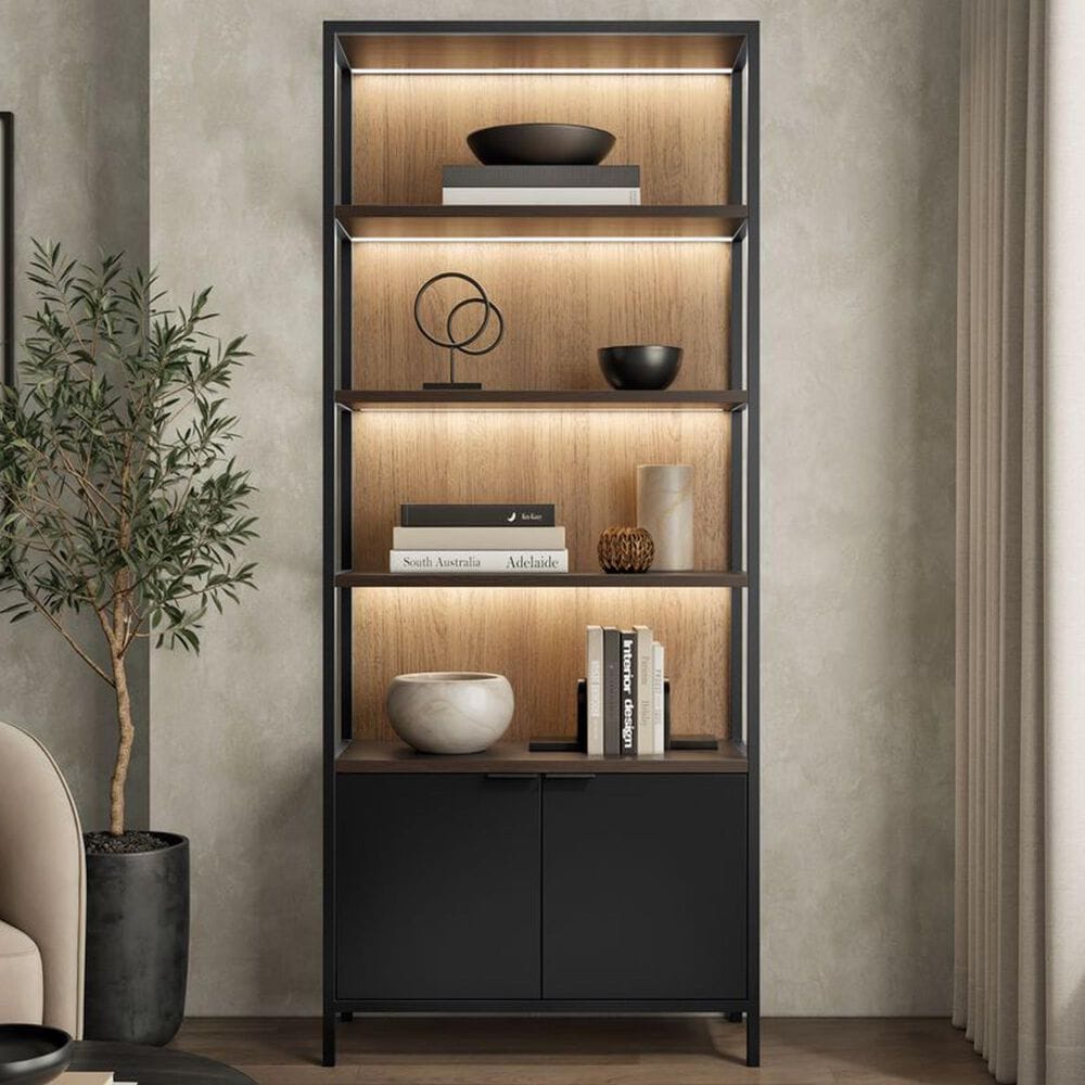 Wycliff Bay Marsden 86" Wall Bookcase with Lighting in Black and Tan, , large