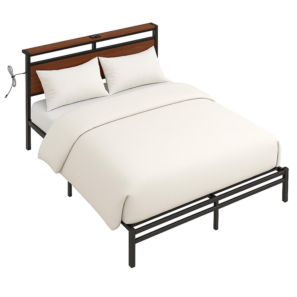 HOMLUX Industrial King Platform Bed with LED Headboard and Charging Station in Rustic Brown, , large