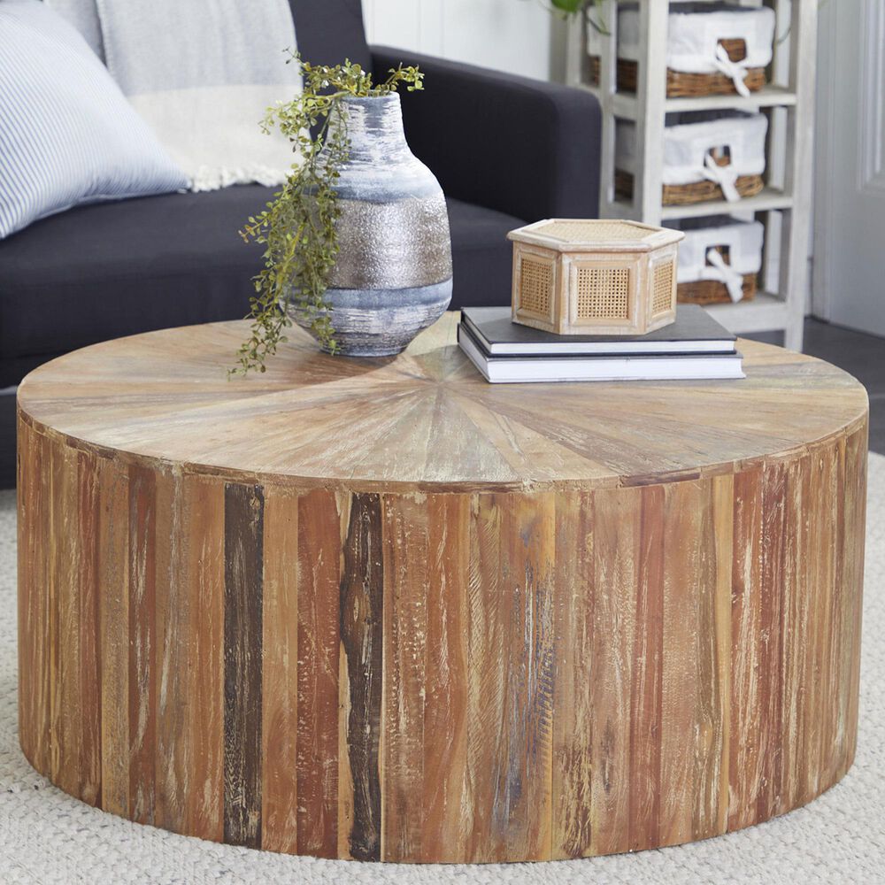 Maple and Jade Handmade Pinwheel Drum Coffee Table in Light Brown, , large