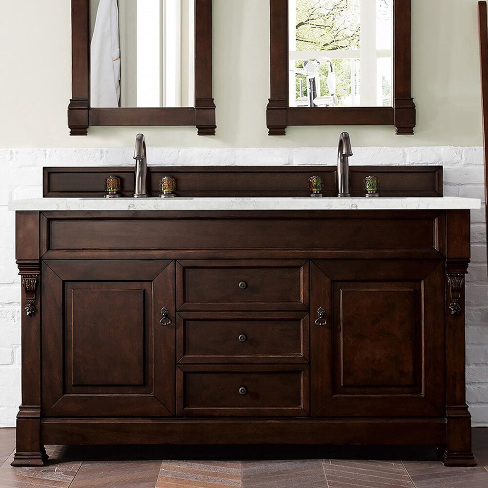 James Martin Vanities Brookfield 60&quot; Double Bathroom Vanity in Burnished Mahogany with 3 cm Eternal Jasmine Pearl Quartz Top and Rectangle Sinks, , large