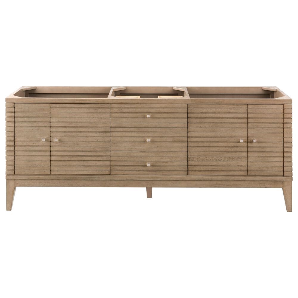 James Martin Vanities Linear 72&quot; Double Bathroom Vanity in Whitewashed Walnut with 10 cm Glossy White Solid Surface Top and Rectangular Sinks, , large