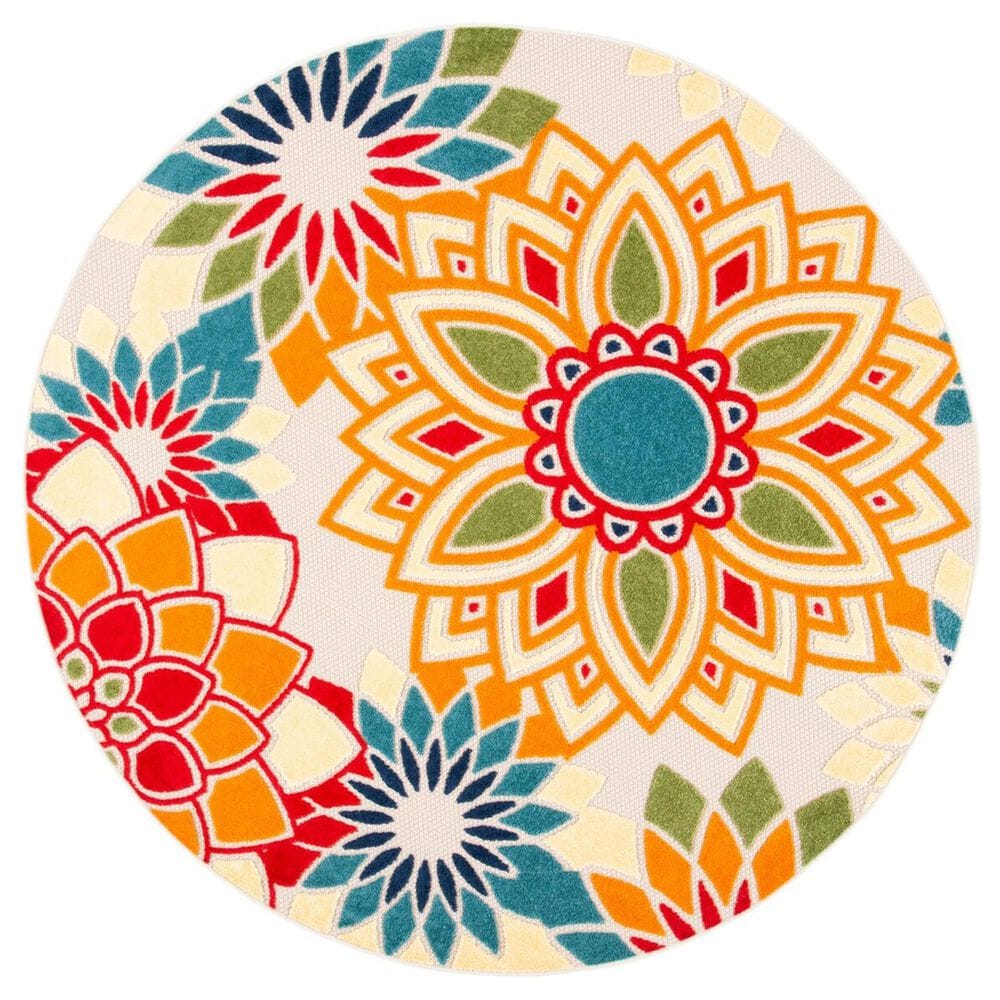 Safavieh Cabana CBN328A 5"3" Round Ivory and Orange Indoor/Outdoor Area Performance Rug, , large