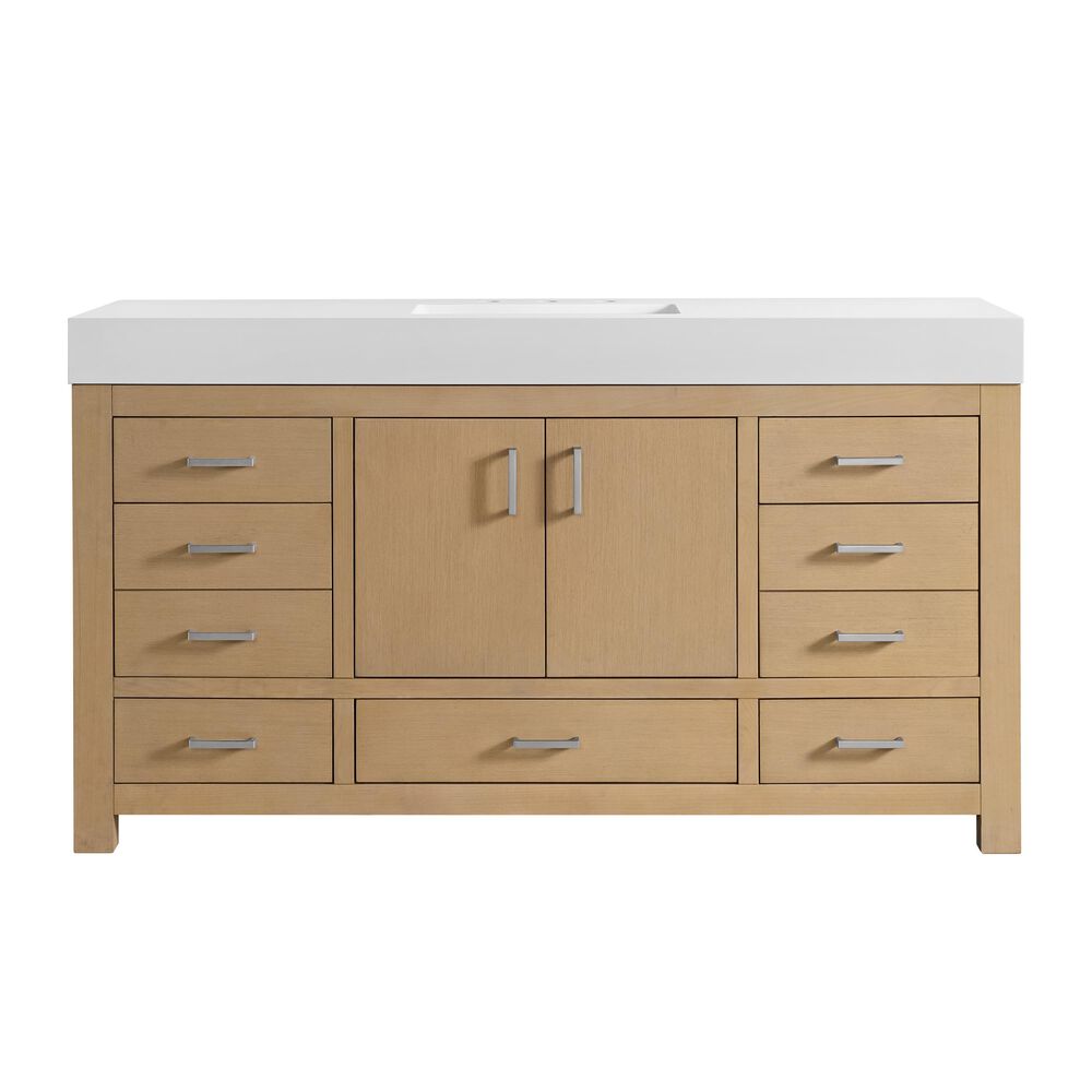 37B Alanya 60" Single Bathroom Vanity in Warm Oak with White Composite Stone Top, , large