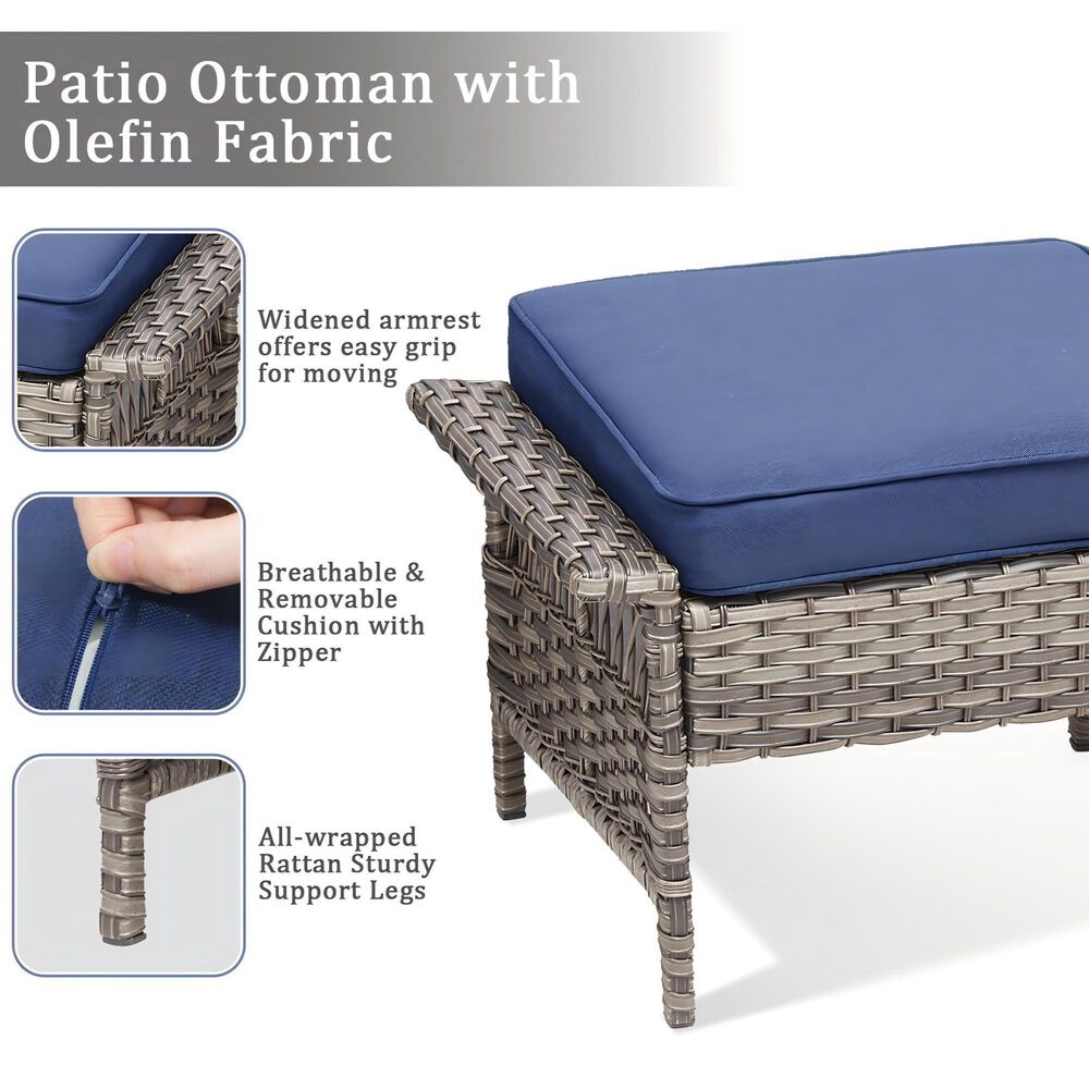 Sunwell Garden Ottoman with Navy Cushion and Widened Armrest in Gray (Set of 2), , large