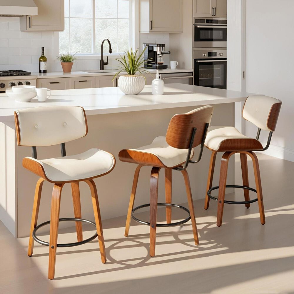 LumiSource Lombardi 26" Swivel Counter Stool with Cream Faux Leather Upholstery in Walnut and Black (Set of 2), , large