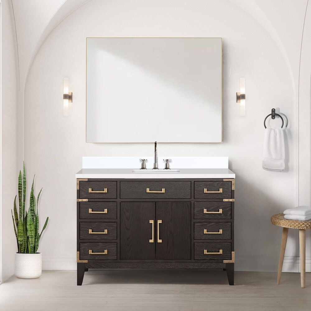 Lexora Home Laurel 48&quot; Single Bathroom Vanity in Brown Oak with White Quartz Top and Rectangular Sink, , large
