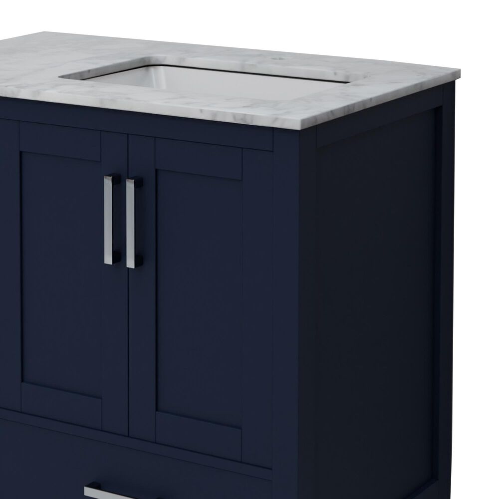 Lexora Home Jacques 36&quot; Right Offset Single Bathroom Vanity in Navy Blue with 2 cm White Carrara Marble Top and Rectangular Sink, , large