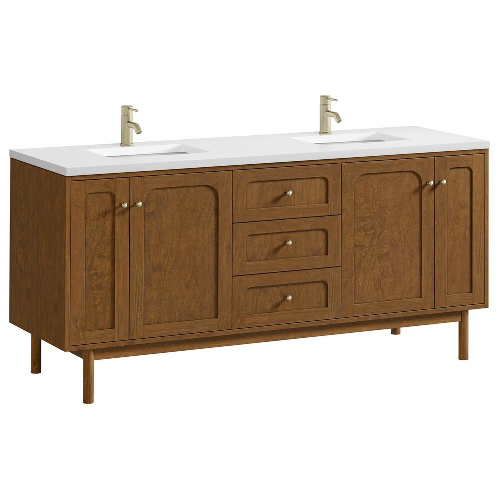 James Martin Laurent 72" Double Bathroom Vanity in Honey Oak with Single Hole 3 cm White Zeus Silestone Top and Rectangular Sinks, , large