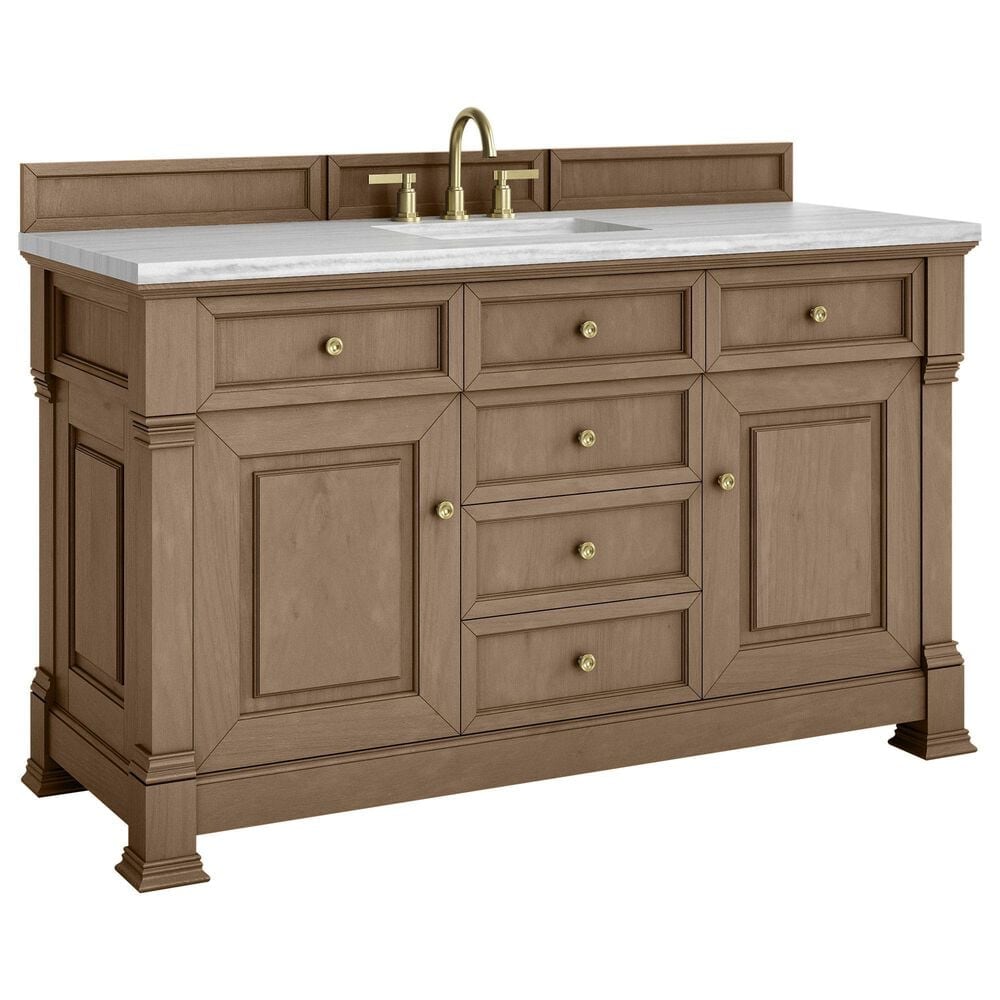 James Martin Vanities Brookfield 60&quot; Single Bathroom Vanity in Pecan with 3 cm Arctic Fall Solid Surface Top and Rectangular Sink, , large